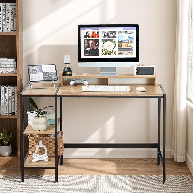 MINOSYS 47-inch Computer Desk with Storage Shelf - Natural Wood Ideal Gaming Desk for Bedrooms, Small Spaces, and Home Offices Modern Writing Desk for PCs.