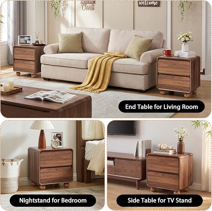 AVZEAR Small Night Stand with 2 Drawers, Mid Century Modern Nightstands with Solid Wood Legs, 2 Drawer Dresser Curved Profile Design End Table Side Table for Small Space, Dorm, Bedroom(Walnut)