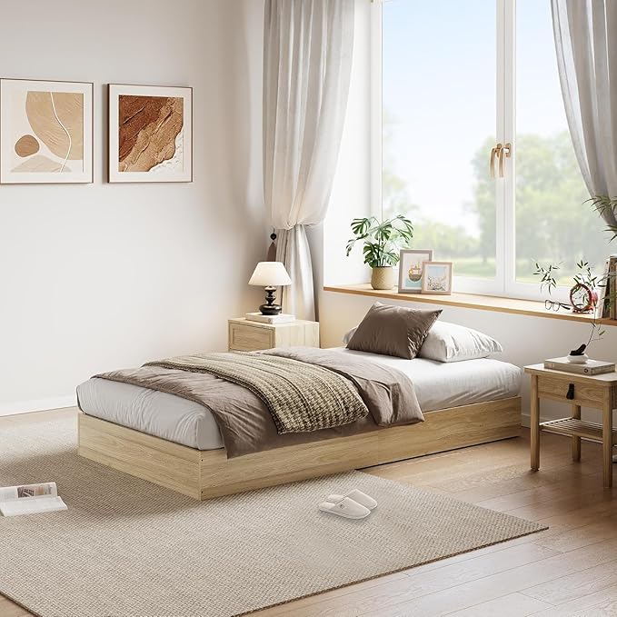 Garvee Twin XL Solid Wood Platform Bed Frame – Floor-Standing, No Box Spring Needed, Modern Minimalist Design, Sturdy Wooden Slats, Easy Assembly, Space Saving Bed Frame, Golden Tan Wood