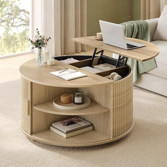 Round Lift Top Coffee Table, 34.6" Modern Coffee Table with 180° Curved Sliding Door, Fluted Accent Coffee Tables with Hidden Storage and Open Shelves, for Living Room, Office, Oak