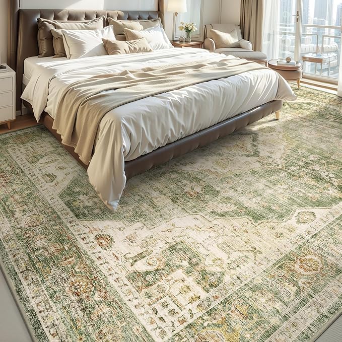 AMOAMI Vintage Soft Green Area Rug - 9x12, Non-Slip, Washable for Living Room, Bedroom, Dining Room, Office