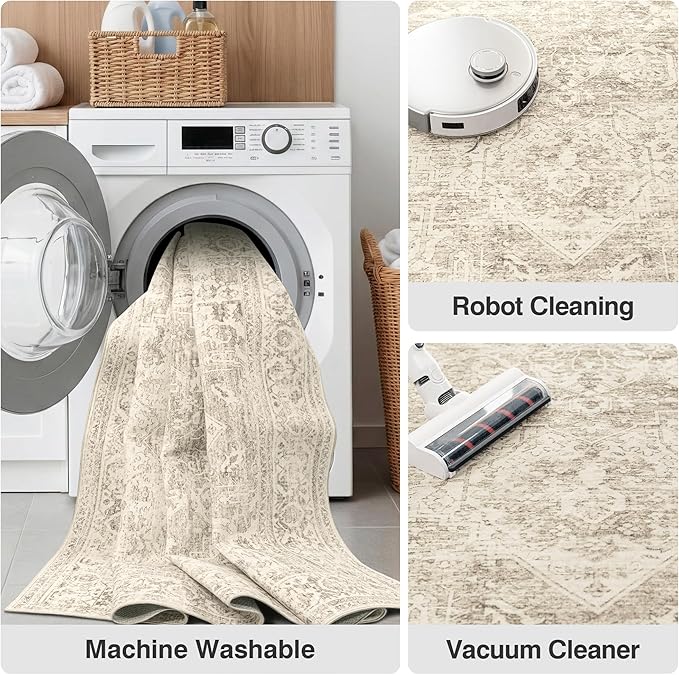 FMFUNCTEX 5x7 Washable Area Rug Neutral Vintage Brown Distressed Non Slip Low Pile Traditional Indoor Carpet for Living Room Bedroom Soft Retro Mat Throw Rug for Dining Office Kitchen Dorm Entryway