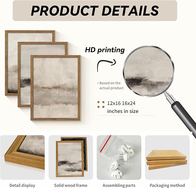 3 Piece Large Abstract Framed Wall Art, Neutral Beige Modern Art Wall Decor, Contemporary Minimalist Canvas Prints, Watercolor Paintings for Living Room Bedroom Dining Room Office 16x24 Inch