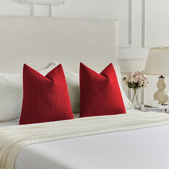 FUTEI Red Chenille Decorative Throw Pillow Covers 18x18 Inch Set of 2,Soft Cozy Faux Linen Textured Cushion Case,Farmhouse Home Decor for Couch Living Room