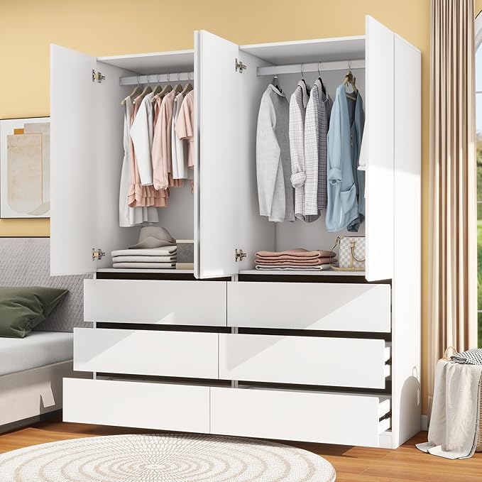 Bedroom Armoire Wardrobe Closet with 6 Drawers: White Wardrobe Closet with 4 Doors, Modern Cabinet for Clothes with Shelves, Wooden Armoire for Hanging Clothes (Modern, 2)