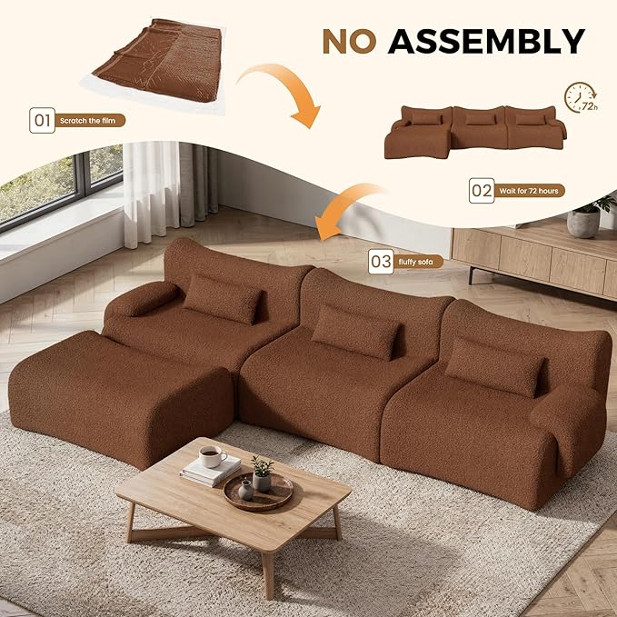 Cloud Couch Sectional, L Shaped Boneless Couches for Living Room - Oversized Modular Sofa with Deep Seats, Modern Couches with Movable Ottoman,Brown(red Brown)