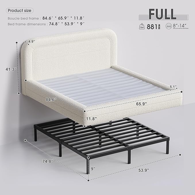 Homkdom Full Bed Frame with Headboard, Upholstered Cloud Bed Frame, Anti-Collision Soft Rounded Corners, Boucle Platform Bed for Modern Bedrooms, Apartments, Guest Rooms, No Box Spring Needed,Beige