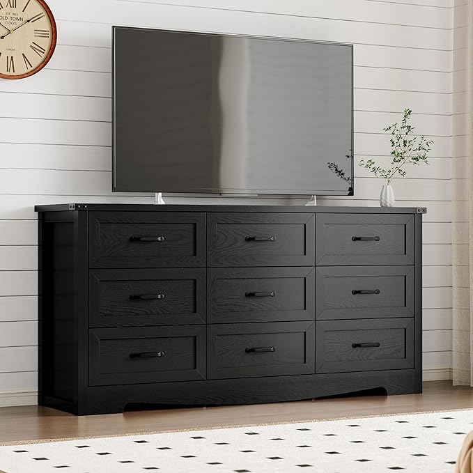 BORNOON 9-Drawer Dresser for Bedroom, Modern Wooden Chest of Drawers with Metal Handles, Anti-Tipping Design, Sturdy and Stable Storage Organizer for Living Room, Entryway, Home Office