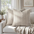 HOMEIDEAS Decorative Striped Throw Pillow Covers 24x24 Set of 2, Tan Farmhouse Pillow Covers, Neutral Faux Linen Cushion Covers for Couch Sofa Bed Home Decor