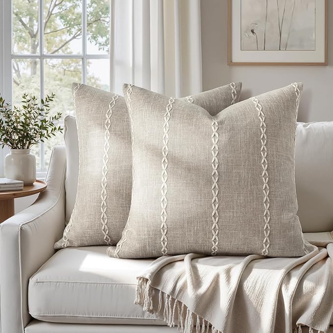 HOMEIDEAS Decorative Striped Throw Pillow Covers 20x20 Set of 2, Tan Farmhouse Pillow Covers, Neutral Faux Linen Cushion Covers for Couch Sofa Bed Home Decor
