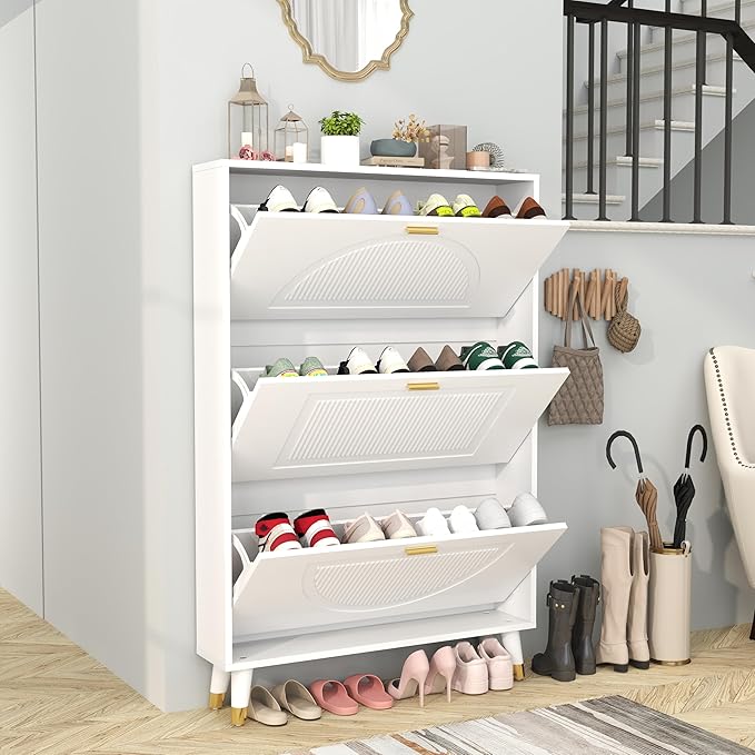 White Shoe Storage Cabinet: 32" Ultra Thin Small Shoe Cabinet for Entryway, Modern Slim and Narrow Hidden Shoes Rack Organizer with Doors and 3 Flip Drawer (1 Piece, 32")