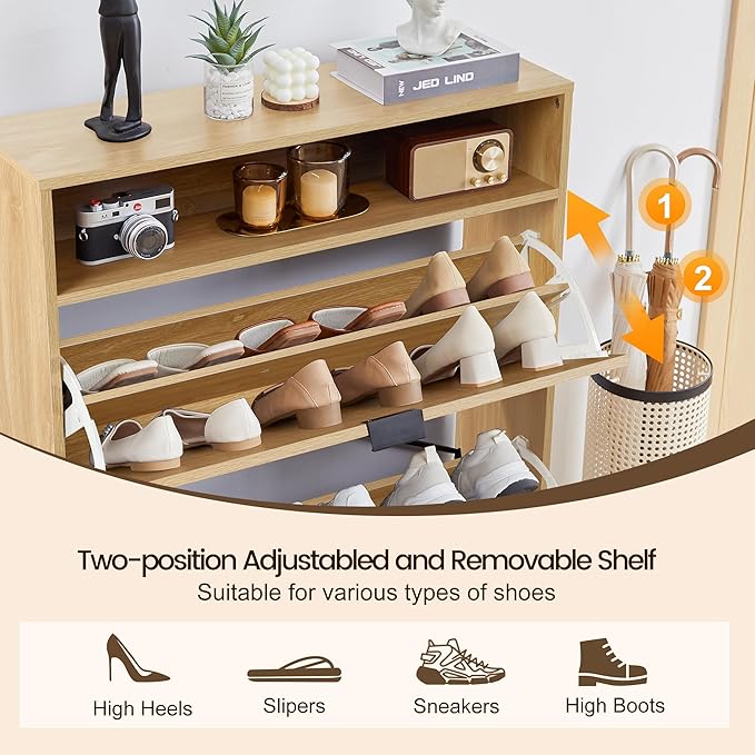 FurSch Fluted Shoe Cabinet with 2 Flip Drawers, Slim Freestanding Hidden Shoe Cabinet Organizer, Narrow Shoes Storage Rack for Entryway (All Natural-2 Drawers, 9.45" D x 31.5" W x 41.93" H)