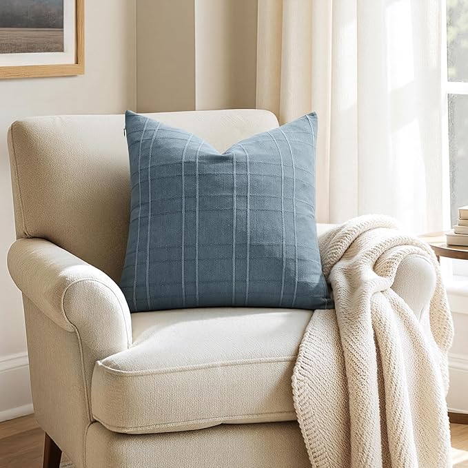 MIULEE Decorative Linen Check Throw Pillow Covers Neutral Farmhouse Vintage Pillow Covers 20x20 Set of 2 Boho Modern Home Decor for Sofa Couch Bedroom Cushion Blue Grey