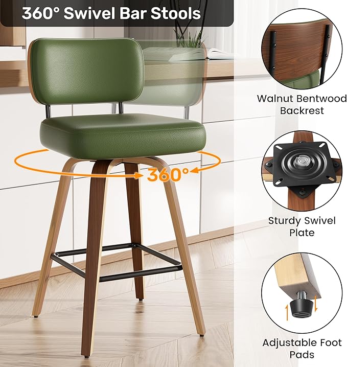 Swivel Bar Stools Set of 4, 26" Upholstered Faux Leather Counter Height Barstools with Walnut Back & Bentwood Legs, Mid Century Modern Bar Chairs Island Stools for Kitchen Counter, Green