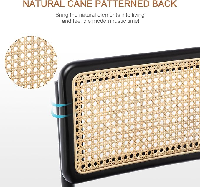 Zesthouse Natural Rattan Counter Stools Set of 4, 26'' Mid Century Modern Counter Height Barstools with Solid Wood Back & Cane Mesh, Upholstered Black Boucle Bar Stools for Kitchen Island, Chrome Base