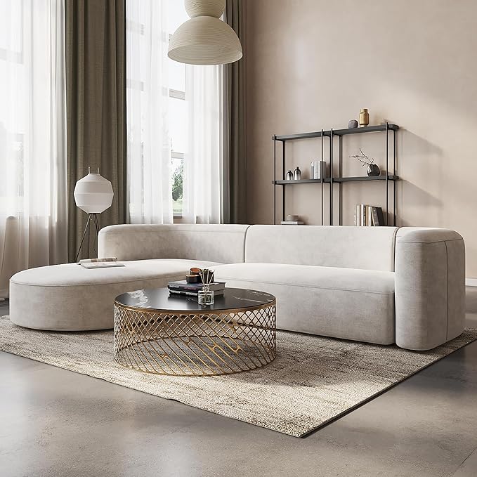 Acanva Luxury Modern Tight Curved Back Velvet Sofa, Minimalist Style Comfy Couch for Living Room Apartment, L-Shaped Sectional with Left Chaise, Cream