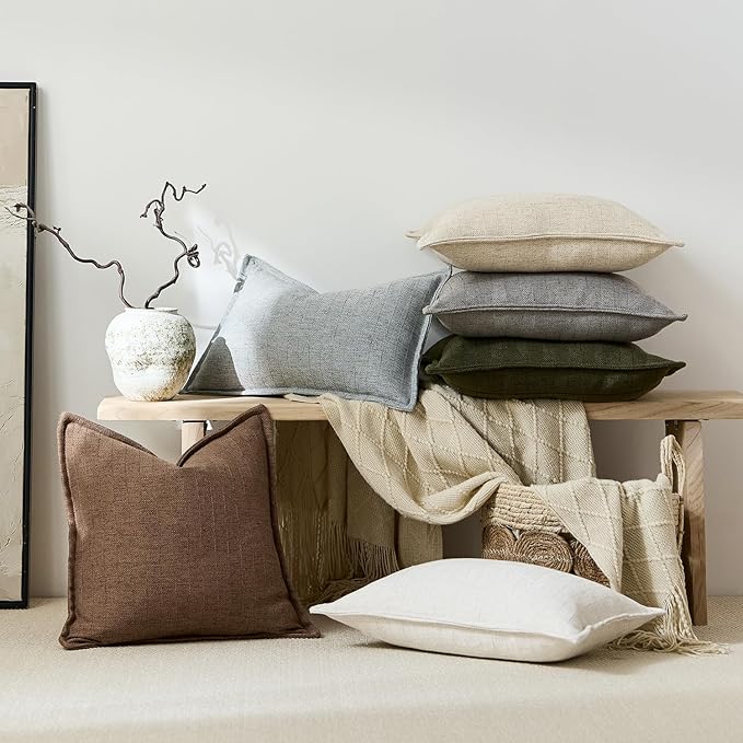 DEZENE 26x26 Linen Euro Sham Pillow Covers Olive Green Pack of 2 Farmhouse Boho Neutral Accents Striped Textured Square Decorative Throw Pillow Cases for Living Room Couch Bed Home Decor