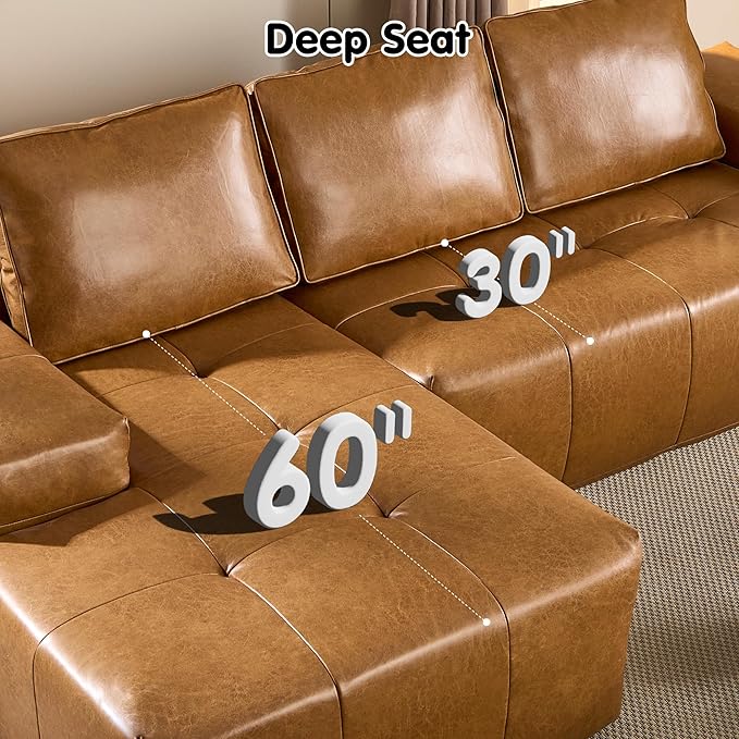 ovios 106" Cloud Boneless Couch with L-Shape Chaise,Modern Sectional Modular Sofa with Deep Seat, Upholstered Couches for Living Room Bedroom,No Assembly Required, Brown