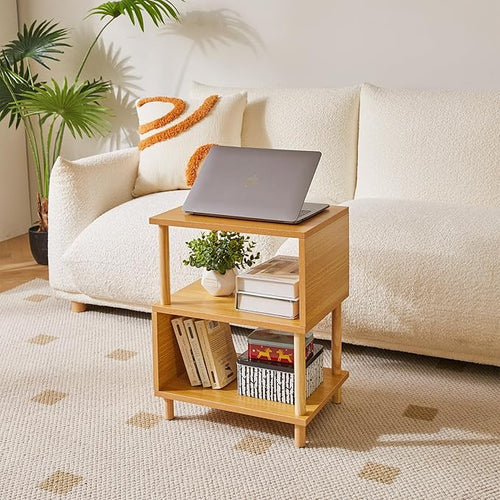 Aibiju Wooden Night Stand with Open Shelf, Nightstand with Solid Wood Legs, S-Shaped Bed Side Table 3 Tier, End Table Natural Wood YD-TM152N