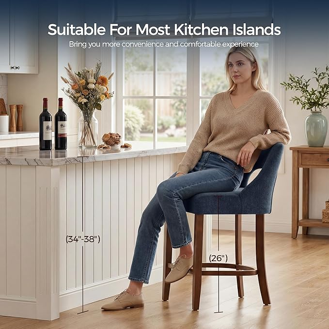 UVV Bar Stools Set of 4, Upholstered Counter Height Bar Stools, Modern Counter Stools with Wood Legs for Kitchen Island Dining Room Bar, Navy Blue
