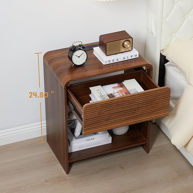XUZENEST Fluted Nightstand with Charging Station, Mid Century Modern Bed Side Table End Table with Drawer Storage, Large Wooden Night Stands Bedside for Bedroom Living Room Sofa Office, Walnut