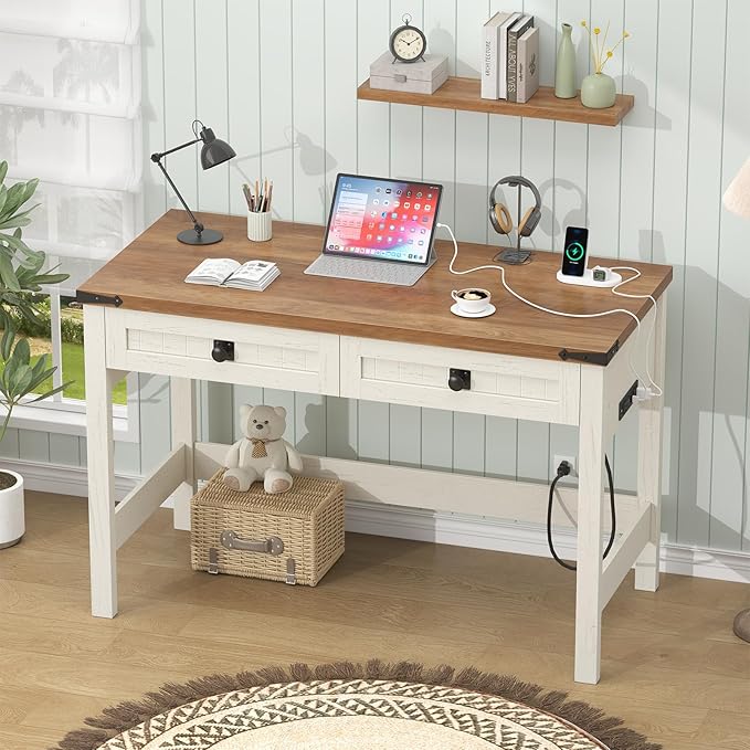 YOMILUVE Farmhouse Computer Desk with 2 Drawers, 39 Inch Small Office Computer Desk with Power Outlets, Compact Writing Study Desk for Small Spaces, Antique White