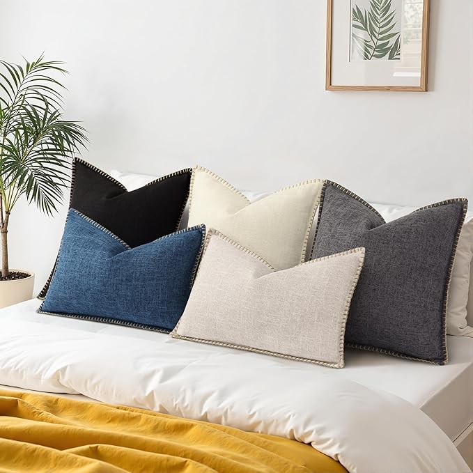 decorUhome Summer Decorative Throw Pillow Covers 26x26 Set of 2 Square Faux Linen Outdoor Neutral Farmhouse Euro Sham Pillow Covers with Stitched Edge for Couch Sofa Living Room, Black