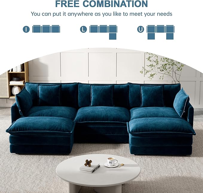 Modular Sectional Sofa, 111.5 Inch U-Shaped Cloud Sofa with Deep Seat Chenille Sofa with Cushions, Three-Self Sectional Sofa for Living Room Apartment,Blue