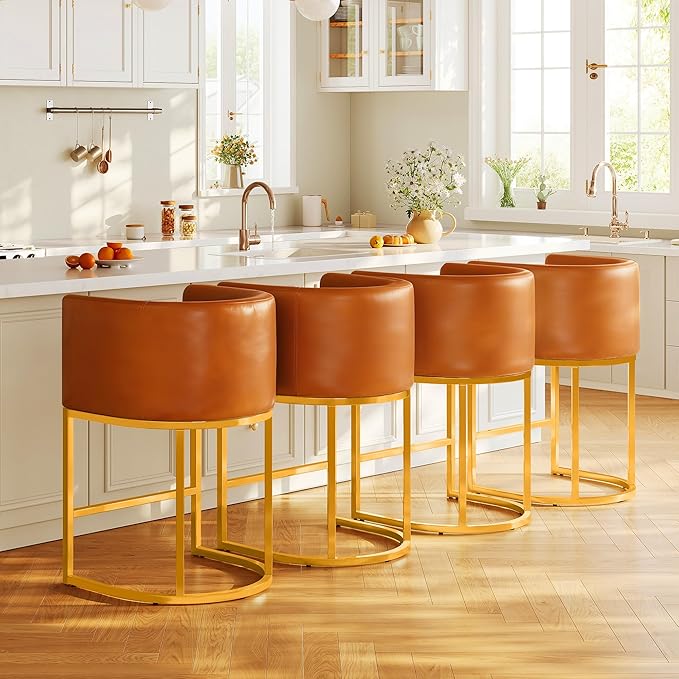 Modern Counter Height Bar Stools,Bar Stools Set of 4,PU Leather Upholstered Barrel Barstools with Backs,24'' Kitchen Island Chairs,Metal Gold Frames,Camel Brown Leather