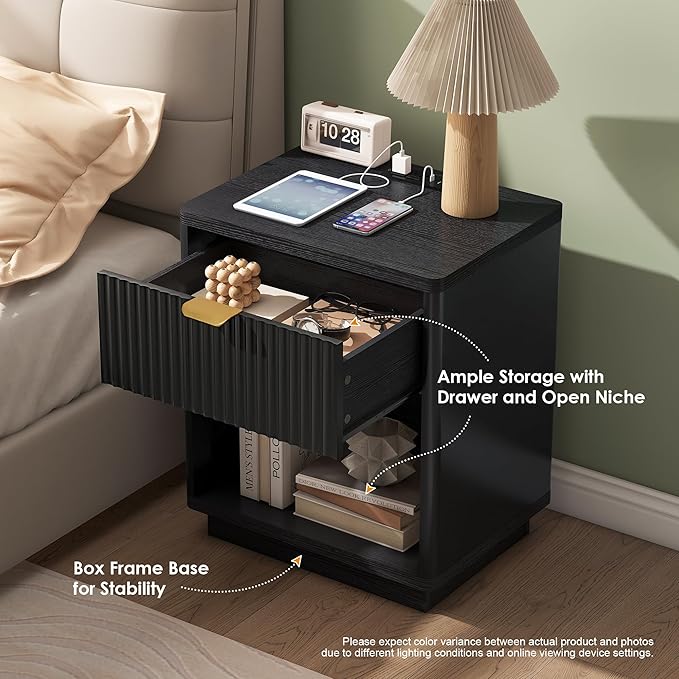 Nasonet Fluted Nightstand Charging Station,Wood Modern Night Stands Storage Cabinet for Bedroom, Black Bedside Table with Drawers