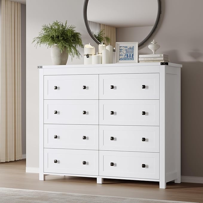 BORNOON Tall 8-Drawer Dresser, Modern Wooden Storage Chest of Drawers, Dresser TV Stand, Wood Drawer Organizer with Metal Handles for Bedroom, Living Room, Hallway