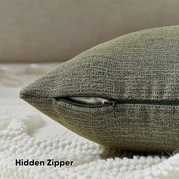 FUTEI Moss Green Chenille Decorative Throw Pillow Covers 18x18 Inch Set of 2,Soft Cozy Faux Linen Textured Cushion Case,Farmhouse Home Decor for Couch Living Room