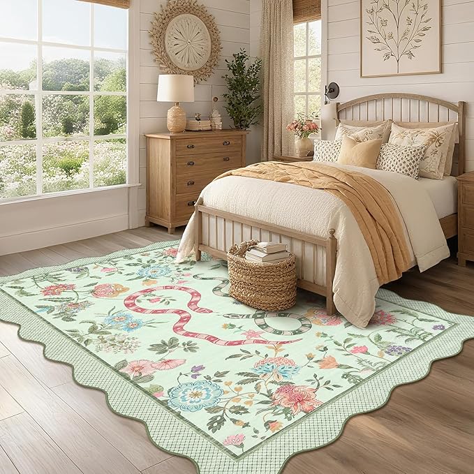 Garvee Washable 9x12 Area Rugs for Living Room Non Slip Botanical Snake Rugs for Bedroom, Boho Scalloped Stain-Resistant Dining Room Rug for Under Table Carpet for Home Office Playroom Farmhouse,Green