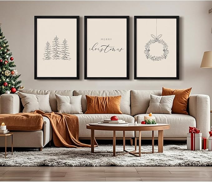 Christmas Wall Art Winter Xmas Canvas Decor Christmas Tree Picture Merry Christmas Wall Art Minimalist Vintage Painting Beige Farmhouse Prints Holiday Poster for Bathroom 12x16x3 Inch Framed