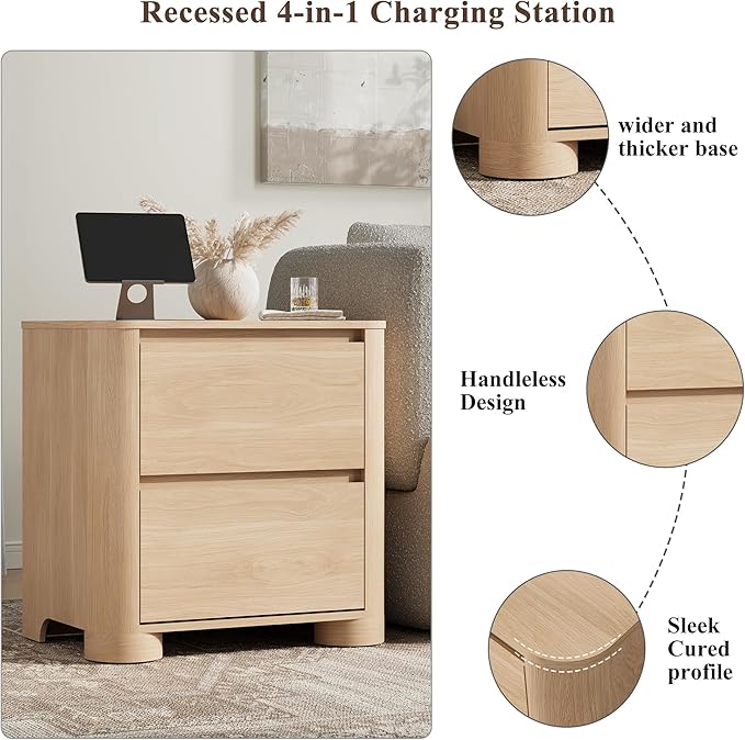Nightstands Set of 2 with Charging Station, 23.6" Modern Night Stand with Unique Thickened Foot and 2 Storage Drawers, Bedside Table with Rounded Corner Design for Bedroom, Natural