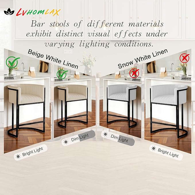 Modern Counter Height Bar Stools,Bar Stools Set of 4,Fabric Upholstered Barrel Barstools with Backs and Arms,26'' Kitchen Island Chairs,Metal Black Frames,Beige White Linen