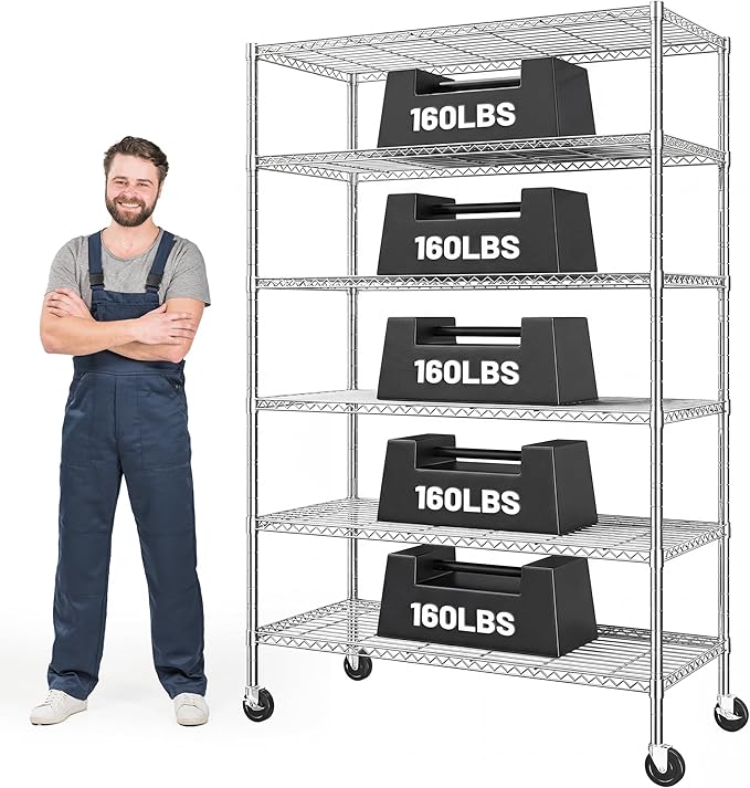 Romorgniz 82" H X45 W X18 D Storage Shelves with Wheels, 6 Tier Wire Shelving Adjustable Metal Shelving Pantry Shelves Capacity 1200LBS for Garage Shelving, Pantry, Kitchen, Closet,Chrome