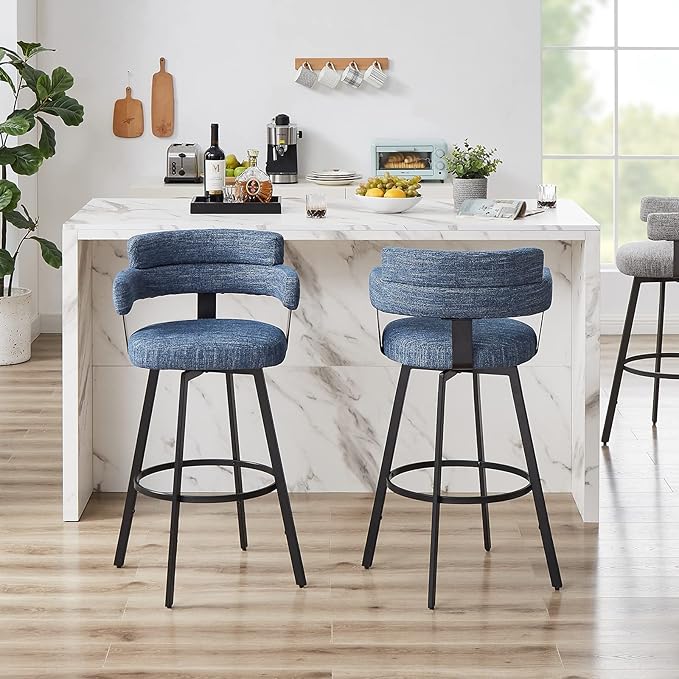 30 Inch Bar Stools Set of 2 with Full Back, Swivel Bar Chairs with Linen Padded Back, Metal Footrest, Modern Bar Height Stools for Kitchen Island, Dining, Living Room, Blue