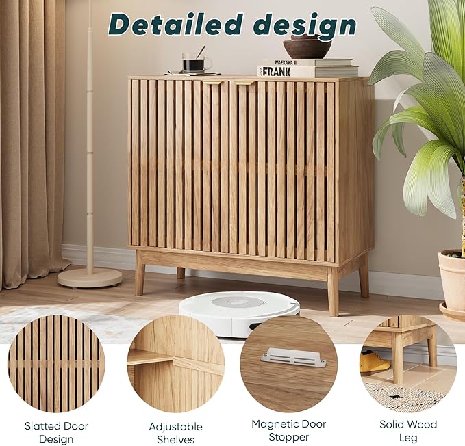 Kiasthome Wooden Sideboard Buffet Cabinet with Slatted Ventilation Doors & Adjustable Shelf, Sideboard Cabinet Storage Cabinet with Ample Storage for Dining Room Entryway (Natural Wood)