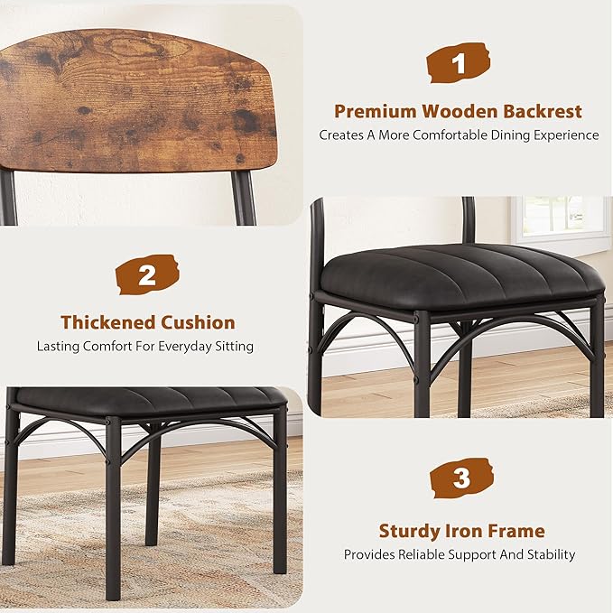 Jocoevol Dining Chairs Set of 4 - Upholstered Dining Room Chairs with PU Leather, Industrial Kitchen Chairs with Wooden Backrest and Thickened Metal Legs, for Dining Room, Living Room (Vintage)