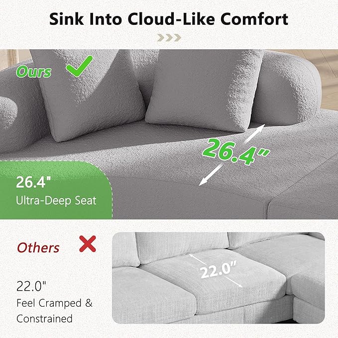 106.7" Modern Curved Oversized Sectional Sofa, Minimalist Modular Cloud Couch with 4 Throw Pillows, Luxury 4-Seater Extra Deep & Wide Seat Sofa in Soft Teddy Fabric, Pearl Grey