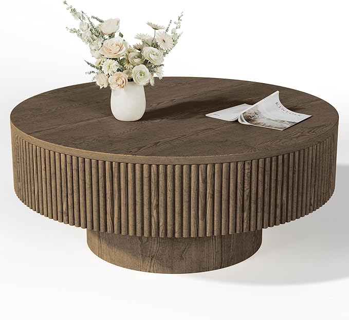 YOUDENOVA 35” Round Fluted Coffee Table, Modern Wood Circle Coffee Table, Veneer Handcrafted Relief Tea Table with Sturdy Pedestal for Living Room, Easy Assembly - Brown