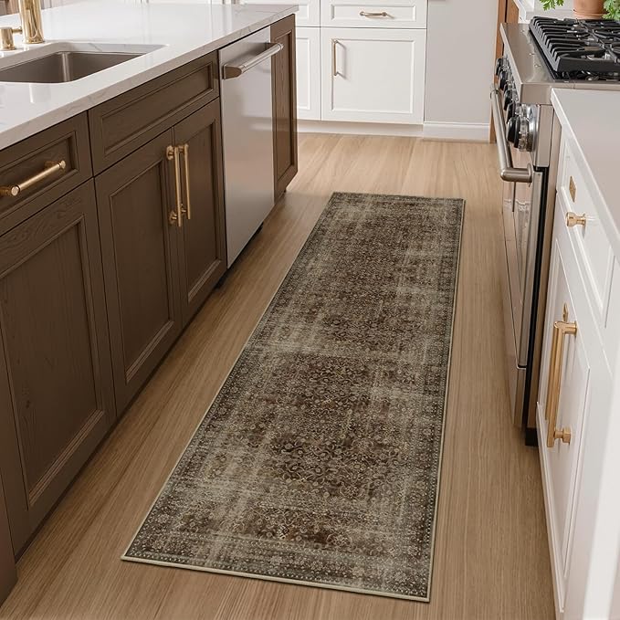 Brown Coffee Hallway Runner Rug 2x6, Dark Earth Tone Kitchen Runners Non Skid Washable 6ft, Aesthetic Distressed Carpet Floor Runners for Entryway Indoor Bedroom Bathroom, Vintage Warm Brown
