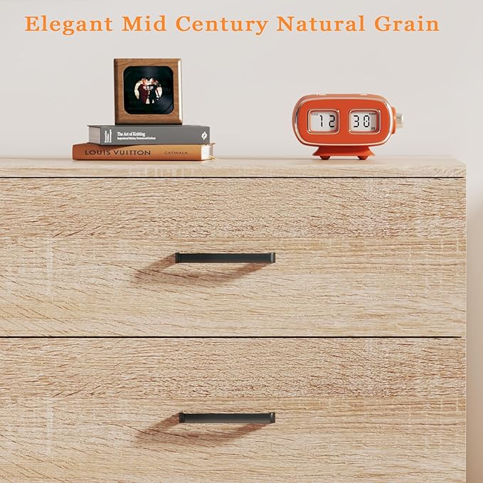 Dresser for Bedroom with 6 Drawers, Wooden Dresser with Metal Handles, Mid Century Modern Bedroom Dressers, Large Storage Organizer for Entryway, Light Oak