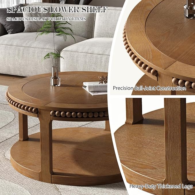 31.5" Round Wood Coffee Table, 2 Tier Modern Center Table,Solid Wood+MDF, Easy Assembly, Accent Table for Living Room, Apartment, Small Space. (Walnut)