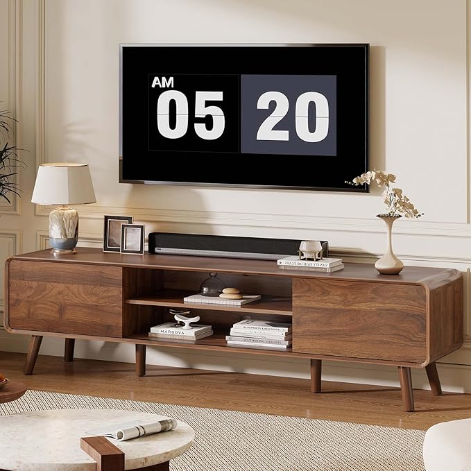 Nasonet 70" Mid Century Modern TV Stand for Tvs up to 80", Entertainment Center with Storage, Sideboard Media Console for Living Room with 2 Sliding Door/Adjustable Shelves, Walnut