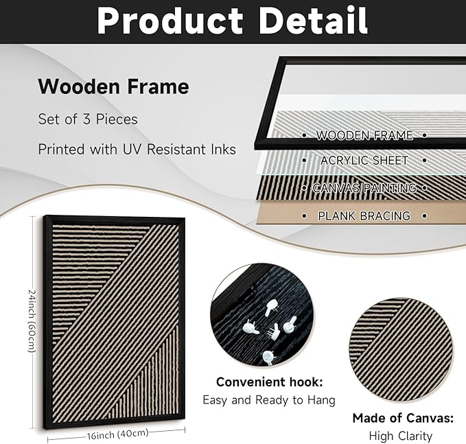 Boho Modern Wall Art Pictures Neutral Abstract Canvas Wall Decor Minimalist Line Wall Art Beige Brown Black Poster Mid Century Painting Artwork for Living Room Bedroom 16x24x3 Inch Wood Framed