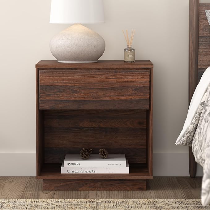 EYYTHUNG Farmhouse End Side Table Set of 2, 21.6" Wood Nightstand with Storage and Open Shelf, Farmhouse Boho Bedside Table Accent Night Stand for Bedroom, Brown