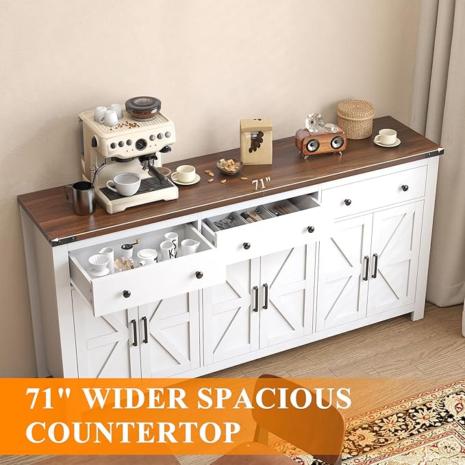 VVFLU 71" Large Sideboard Buffet Cabinet with Storage, Modern Farmhouse Coffee Bar with 3 Drawers and 6 Barn Doors, Dining Room Storage Cabinet, for Kitchen, Living Room, White Wood