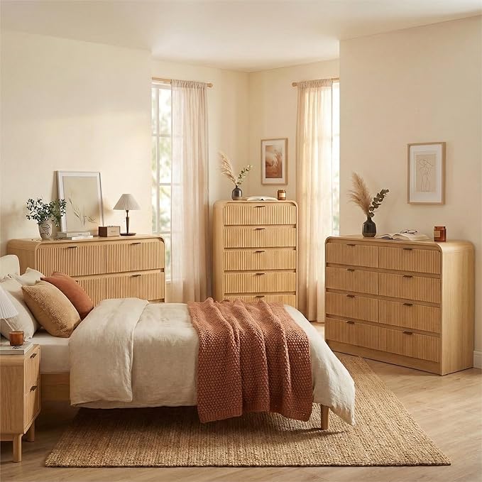 FURSUN Fluted 6 Drawers Dresser for Bedroom, 54" Wide Wooden Dresser with Metal Handle, Curved Profile Design, Modern Storage Organizer for Bedroom, Living Room, Hallway, Natural Oak